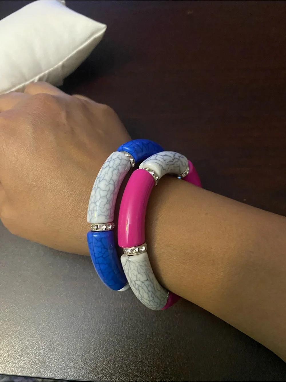 Handmade Bangle Bead Stretch Bracelet Set - Pink, Blue & White